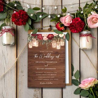 Invitación Boda de Burgundy Rustic Wood Floral Lights