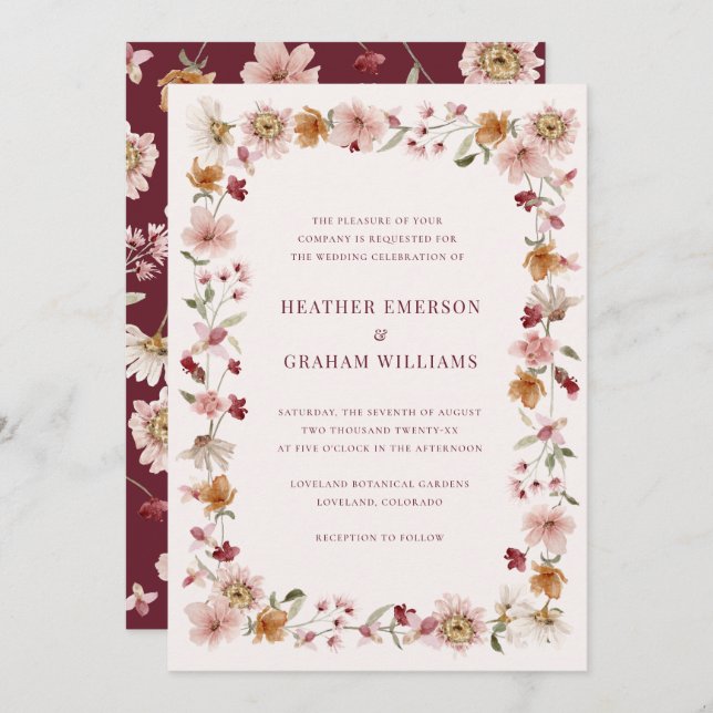 Invitación Boda de Burgundy Wildflower (Anverso / Reverso)