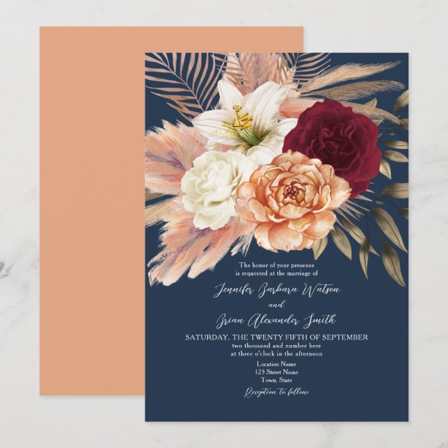 Invitación Boda de Burgundy y Azul Marino (Anverso / Reverso)