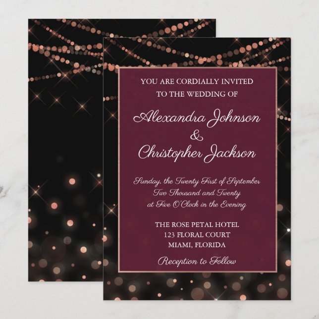 Invitación Boda de Burgundy y Rosa Gold String Lights (Anverso / Reverso)