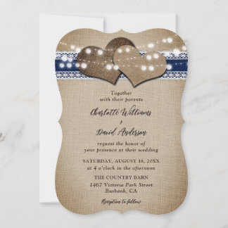 Invitación Boda de Burlap Lace de Navy Blue Rustic Country