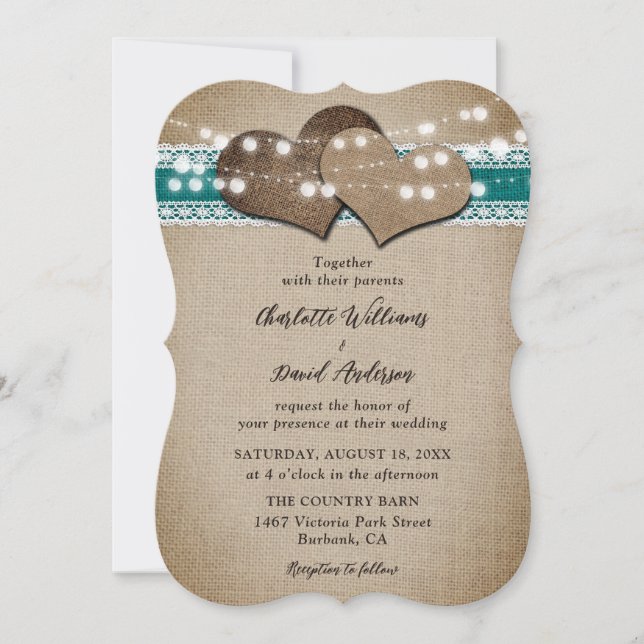 Invitación Boda de Burlap Lace, un país ruso verde azulado (Anverso)