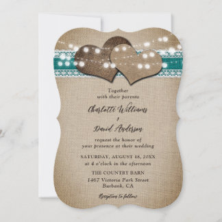 Invitación Boda de Burlap Lace, un país ruso verde azulado