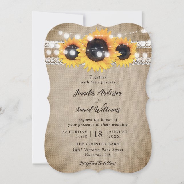 Invitación Boda de Burlap Lace, un país Rústico de girasol (Anverso)