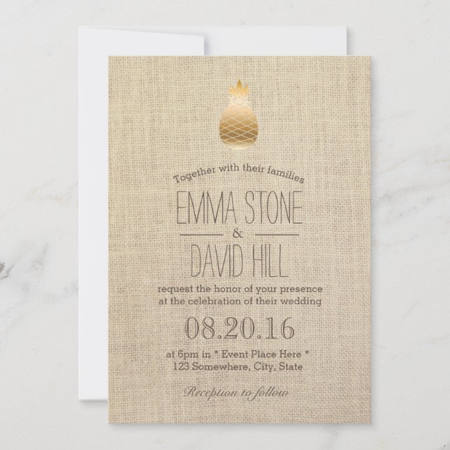 Invitación Boda de Burlap Rústico de Piña de Oro Moderno (Anverso)