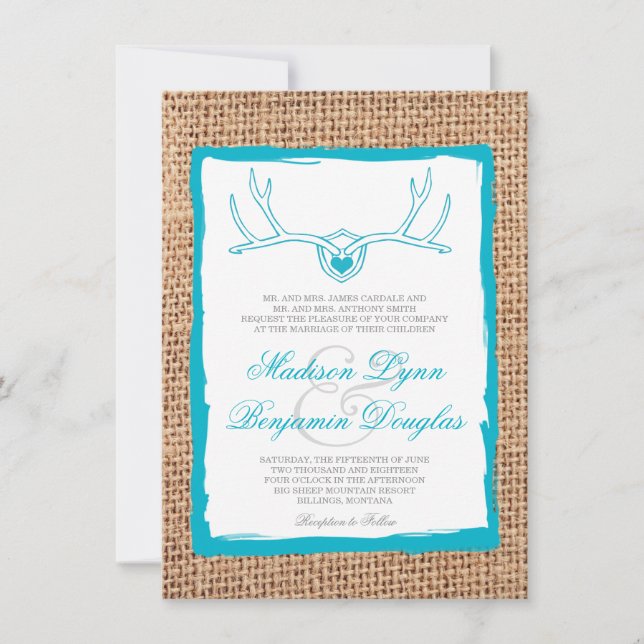 Invitación Boda de Burlap Verde azulada de renos rusos invita (Anverso)