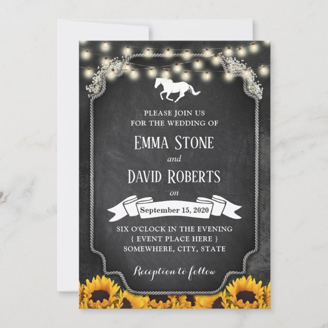 Invitación Boda de caballos de Chalkboard Rustic Sunflowers (Anverso)