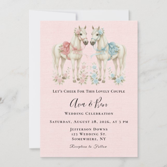 Invitación Boda de Caballos de Flores Pastel Rosa y Azul (Anverso)