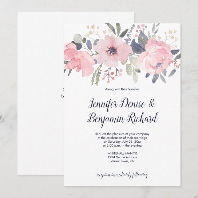Invitación Boda de cabecera floral rosa de Rubor | (Anverso / Reverso)