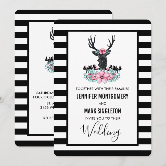 Invitación Boda de cabeza de ciervo negro con flores y montañ (Anverso / Reverso)