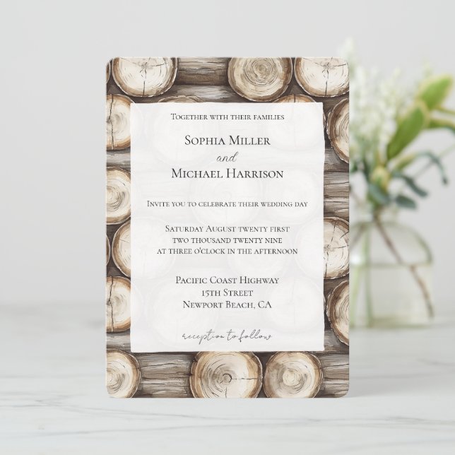 Invitación Boda de cabinas de registro de madera (Anverso de pie)