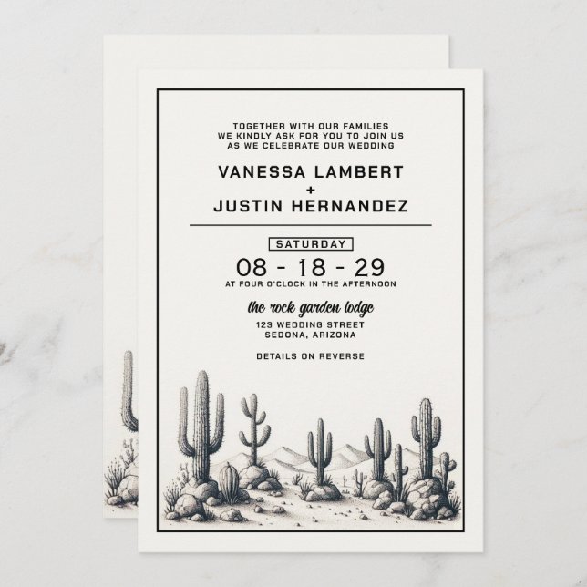 Invitación Boda de Cactus Casual con código QR (Anverso / Reverso)
