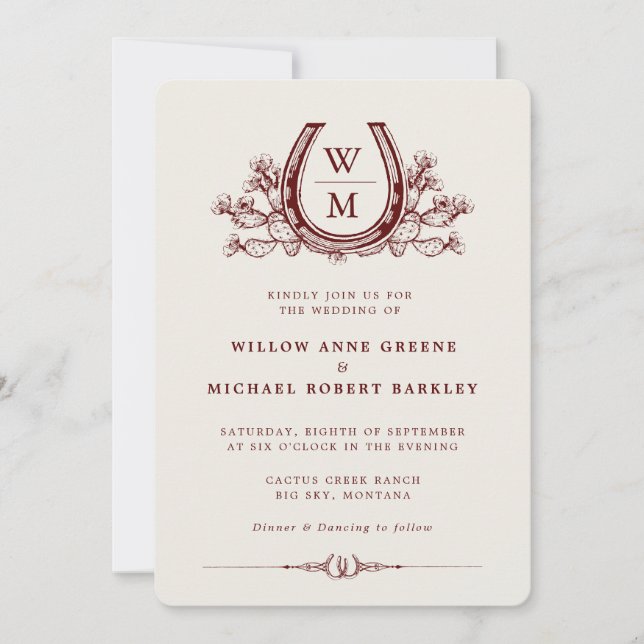 Invitación Boda de Cactus de Herradura Oeste Boho  (Anverso)