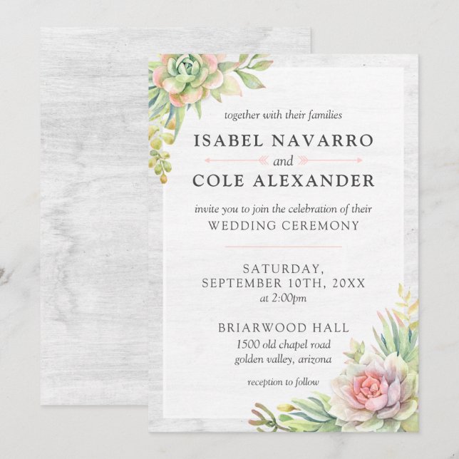 Invitación Boda de Cactus del Desierto Suculento de la acuare (Anverso / Reverso)