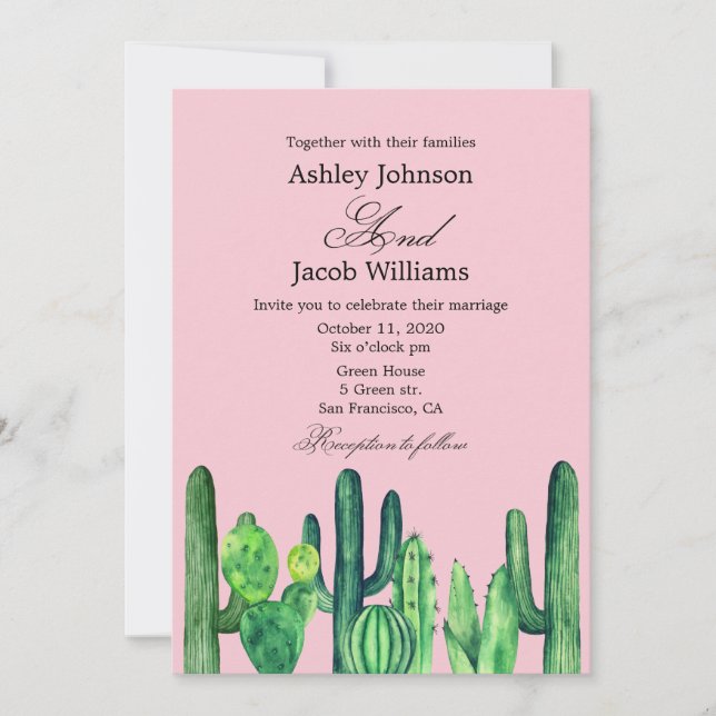 Invitación Boda de cactus. Suculenta verde. Rosa moderno (Anverso)