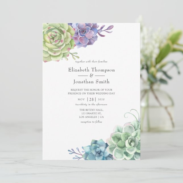 Invitación Boda de cactus suculentos acuarela (Anverso de pie)