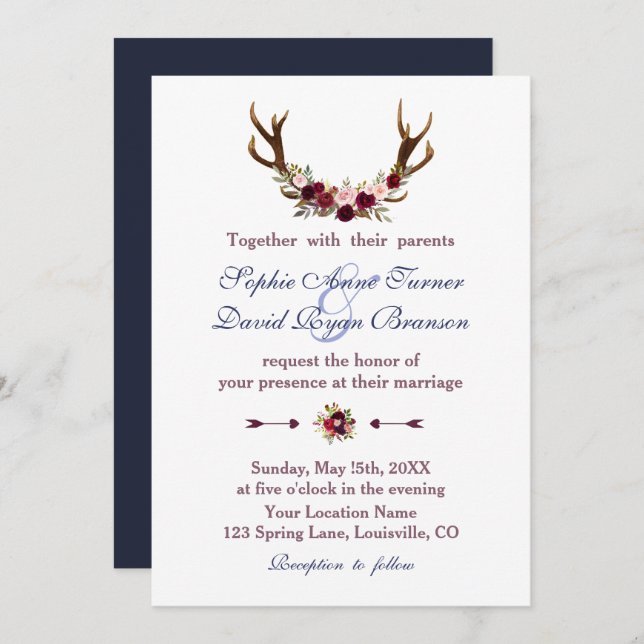 Invitación Boda de Caída Azul de la Marina Floral Antlers de  (Anverso / Reverso)