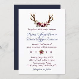 Invitación Boda de Caída Azul de la Marina Floral Antlers de 