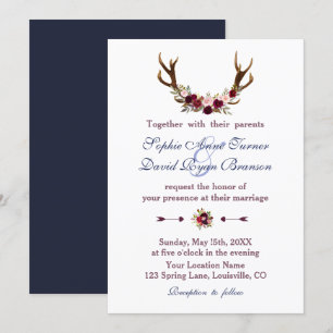 Invitación Boda de Caída Azul de la Marina Floral Antlers de 