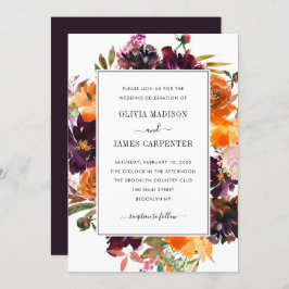 Invitación Boda de caída con flores rusticas moradas amarilla