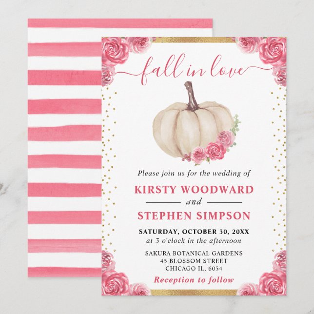 Invitación Boda de caída de calabaza floral rosa y blanca (Anverso / Reverso)