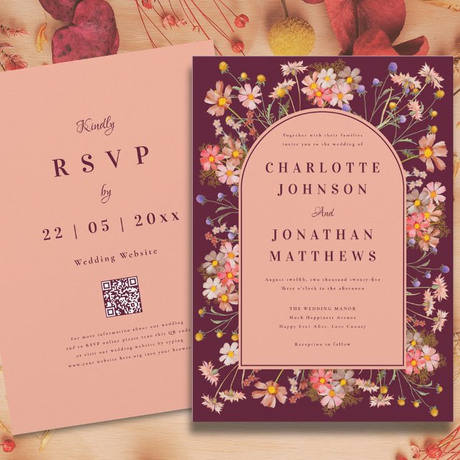 Invitación Boda de Caída de Flor Silvestre Arch Burgundy (Wildflower arch elegant burgundy fall wedding invitation peach burnt orange terracotta purple yellow)