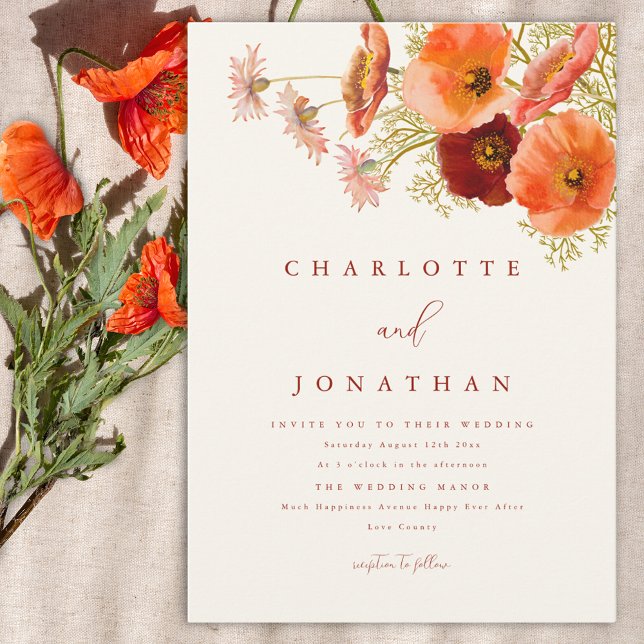 Invitación Boda de Caída de Flor Silvestre Moderna (Modern wildflower wedding invitation with orange watercolor florals and stylish script )