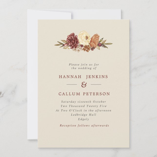 Invitación Boda de caída de florecimiento rústico (Anverso)