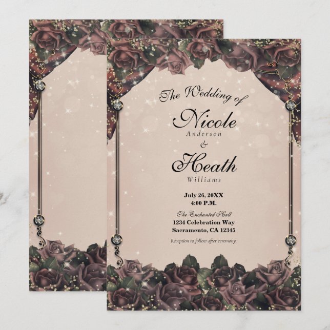 Invitación Boda de caída de mauve Rosas de especias Purpurina (Anverso / Reverso)