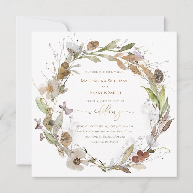 Invitación boda de caída de wreath (Anverso)