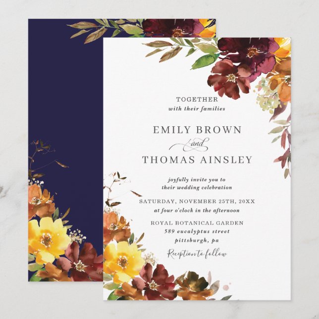 Invitación Boda de caída floral amarilla del Naranja ruidoso  (Anverso / Reverso)