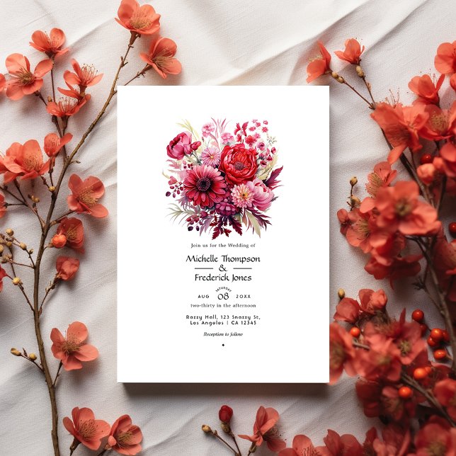 Invitación Boda de caída floral de gradiente rojo (Subido por el creador)