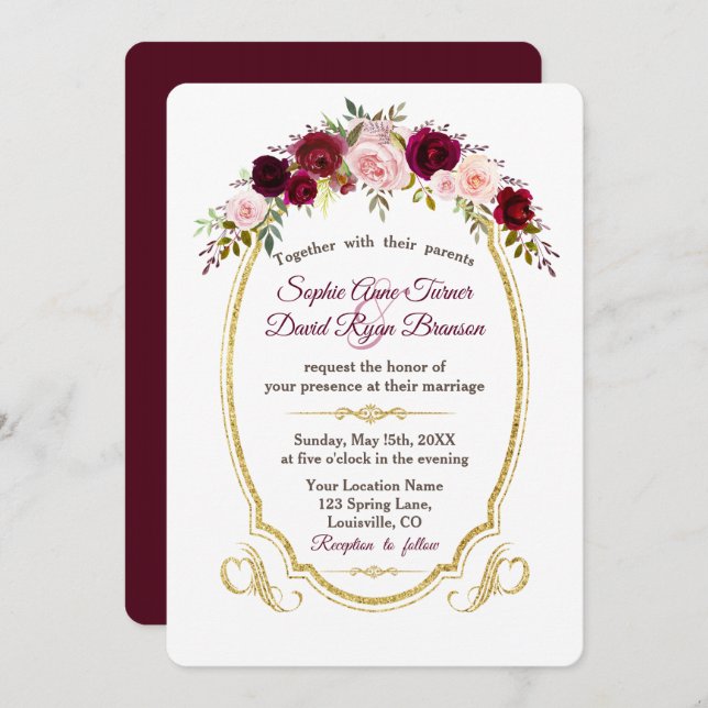 Invitación Boda de Caída Floral Royal Burgundy Marsala (Anverso / Reverso)