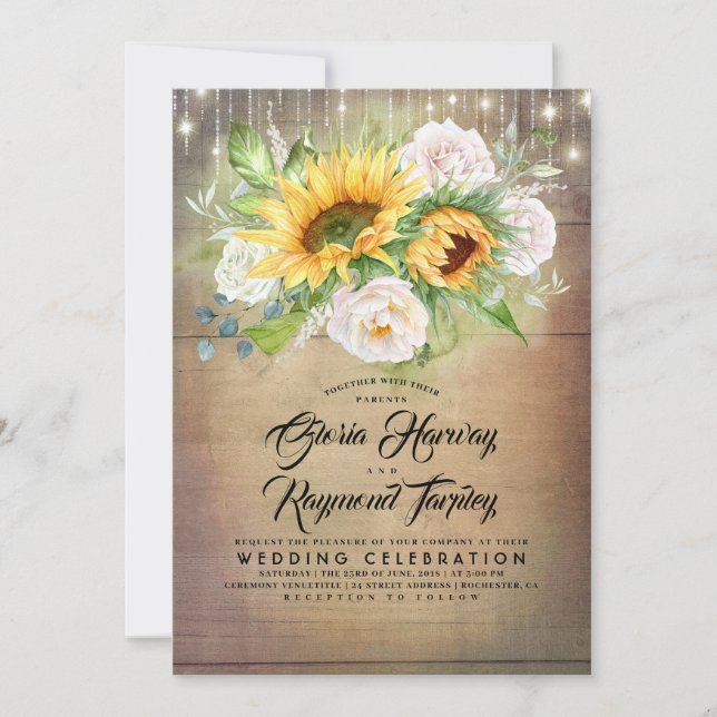 Invitación Boda de Caída Rústica de Rosa Blanca y Girasol (Anverso)