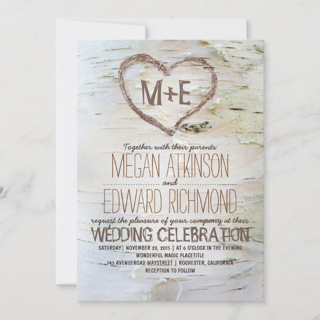 Invitación Boda de Caída Rústica del Corazón del Árbol Birch (Anverso)
