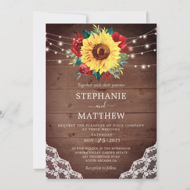 Invitación Boda de Caída Rústica del Girasol Lace Rojo Rosa (Anverso)