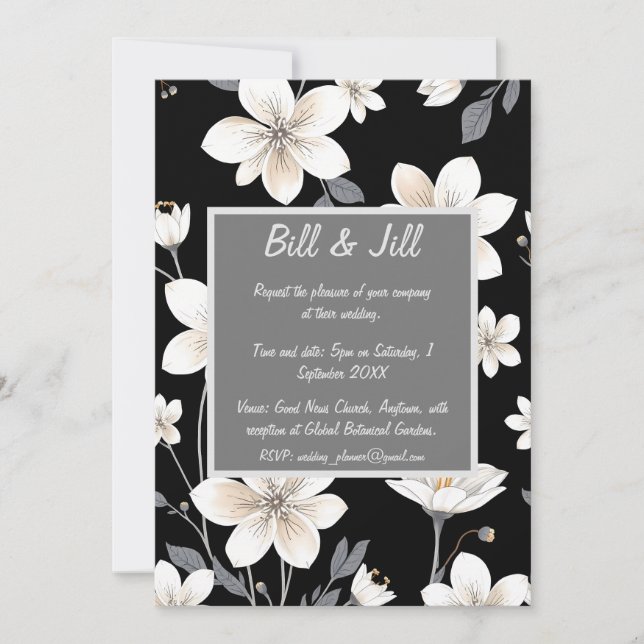 Invitación Boda de caja de texto gris floral blanco y negro (Anverso)