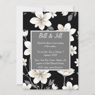 Invitación Boda de caja de texto gris floral blanco y negro