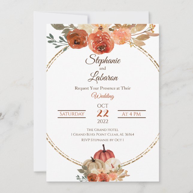 Invitación Boda de Calabaza Autum Floral (Anverso)