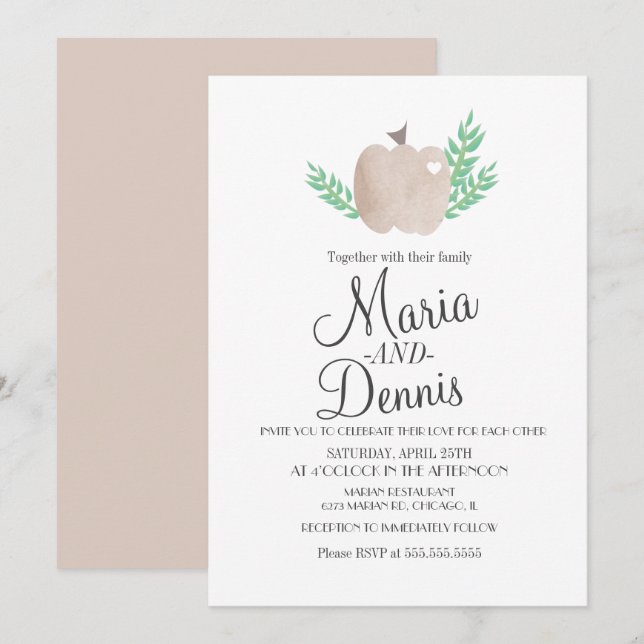 Invitación Boda de calabaza beige hojas neutrales (Anverso / Reverso)
