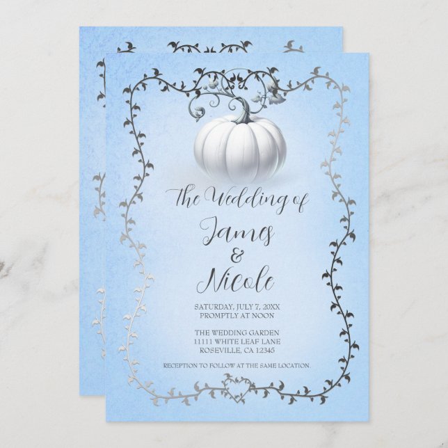 Invitación Boda de calabaza blanca del libro de cuentos azul  (Anverso / Reverso)