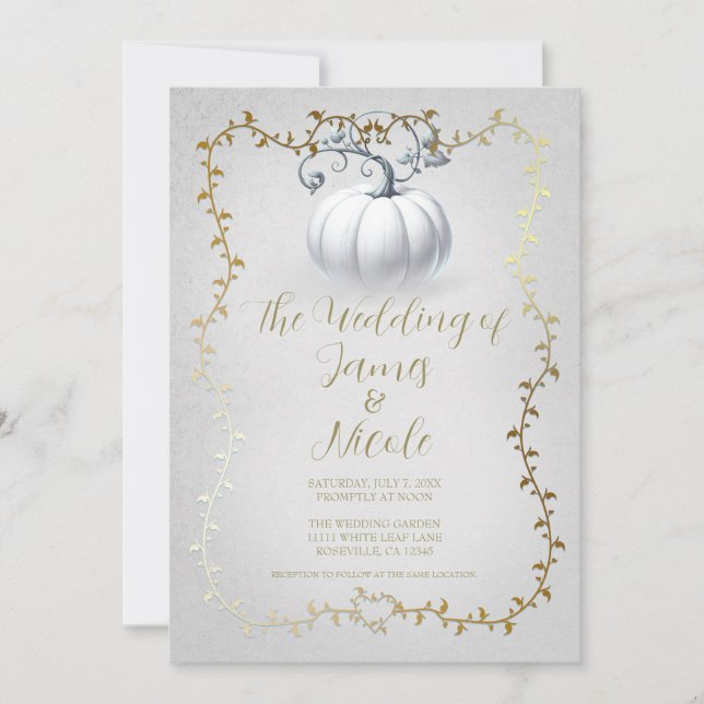 Invitación Boda de calabaza blanca y libro de cuentos dorados (Anverso)