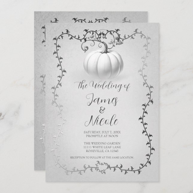 Invitación Boda de calabaza de libros de cuentos plateados y  (Anverso / Reverso)