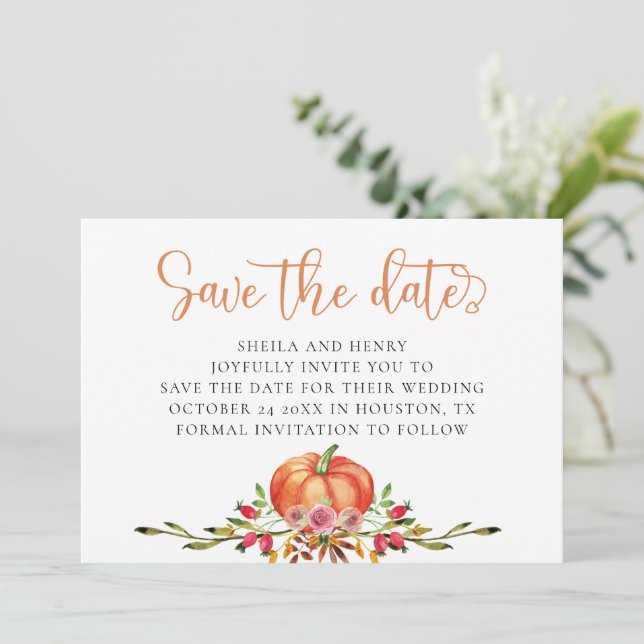 Invitación Boda de calabaza de otoño guardar la fecha (Anverso de pie)