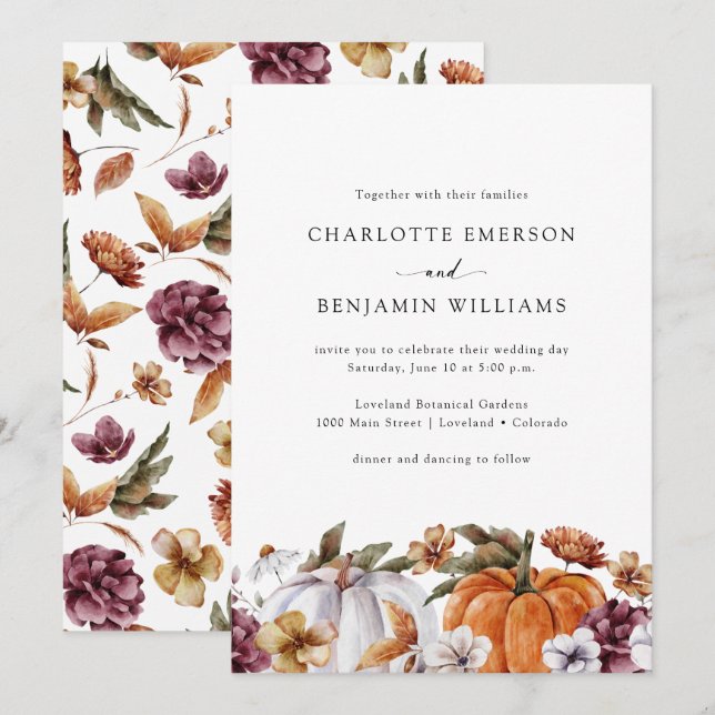 Invitación Boda de calabaza floral (Anverso / Reverso)