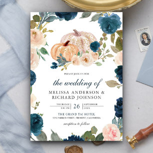 Invitación Boda de calabaza floral azul de la marina y meloco