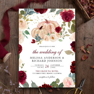 Invitación Boda de calabaza floral borgoña y melocotón