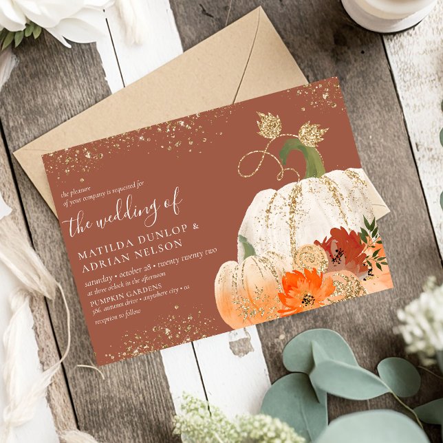 Invitación Boda de Calabaza Floral con Brillo Dorado Rústico (Subido por el creador)