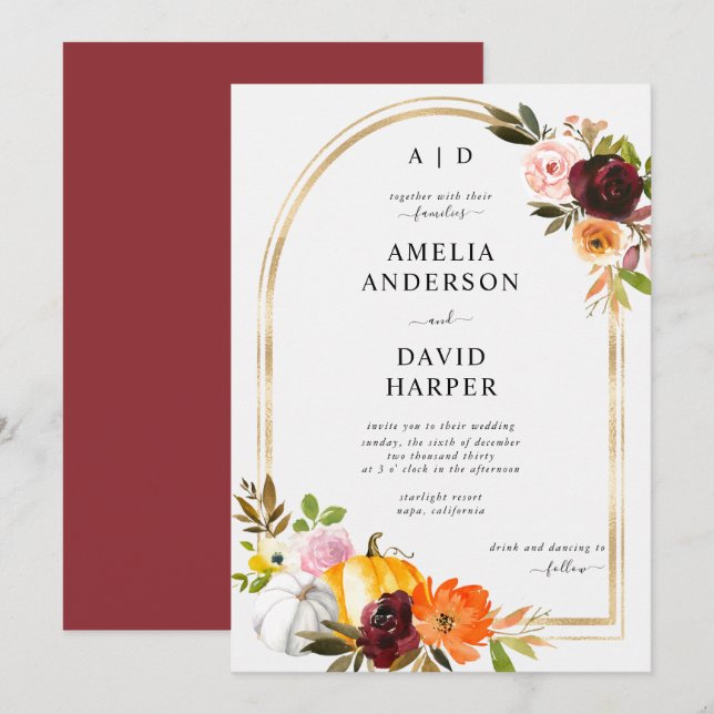 Invitación Boda de calabaza floral de otoño de Burgundy Rubor (Anverso / Reverso)