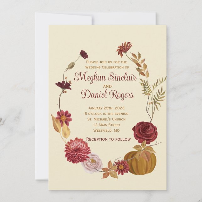 Invitación Boda de calabaza floral de otoño rústico (Anverso)